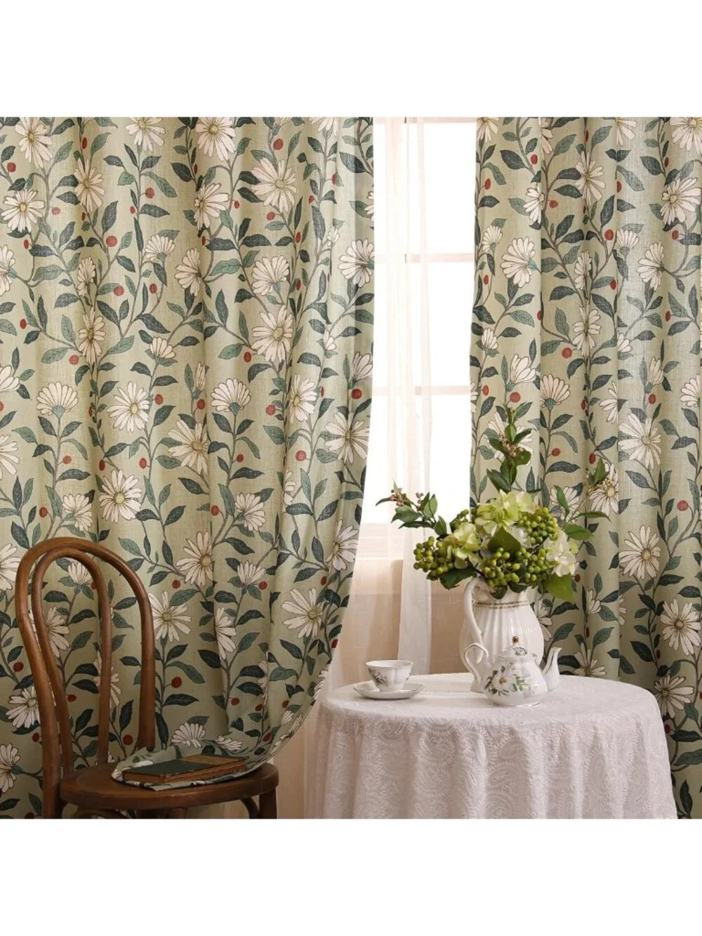 Elegant Green Linen Printed Curtains, 2 Panels, 87